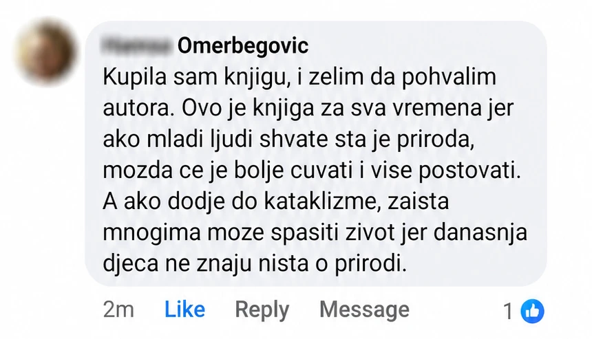 Anonimizirani komentar kupca koji je pohvalio knjigu i njen odnos prema prirodi